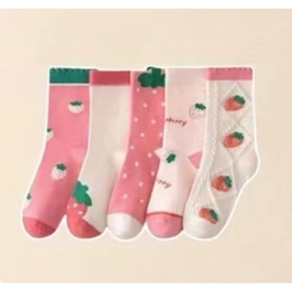 Girls Polychrome Strawberries Whimsical Socks 6-8 Durable Casual Pastel 5 Pairs‎